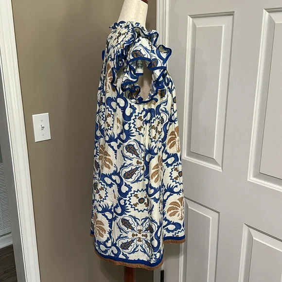 Umgee Boho Double Ruffle Sleeve Mini Dress in Blue Multi - Picture 5 of 9